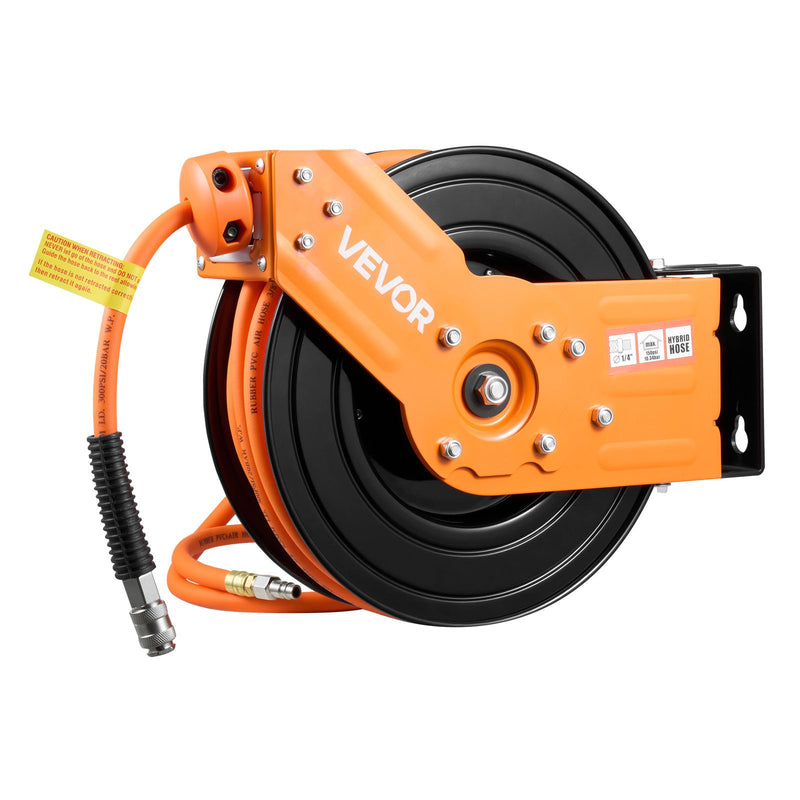 VEVOR Ievelkama gaisa šļūtenes spole 15 m × 9,5 mm, hibrīda gaisa šļūtene, maks. 20,7 bar, automātiska uztīšana, ar 1,52 m padeves šļūteni, 180° grozāms griestu/sienas stiprinājums garāžai un darbnīcai