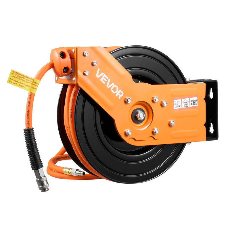 VEVOR Ievelkama gaisa šļūtenes spole 15 m × 9,5 mm, hibrīda gaisa šļūtene, maks. 20,7 bar, automātiska uztīšana, ar 1,52 m padeves šļūteni, 180° grozāms griestu/sienas stiprinājums garāžai un darbnīcai