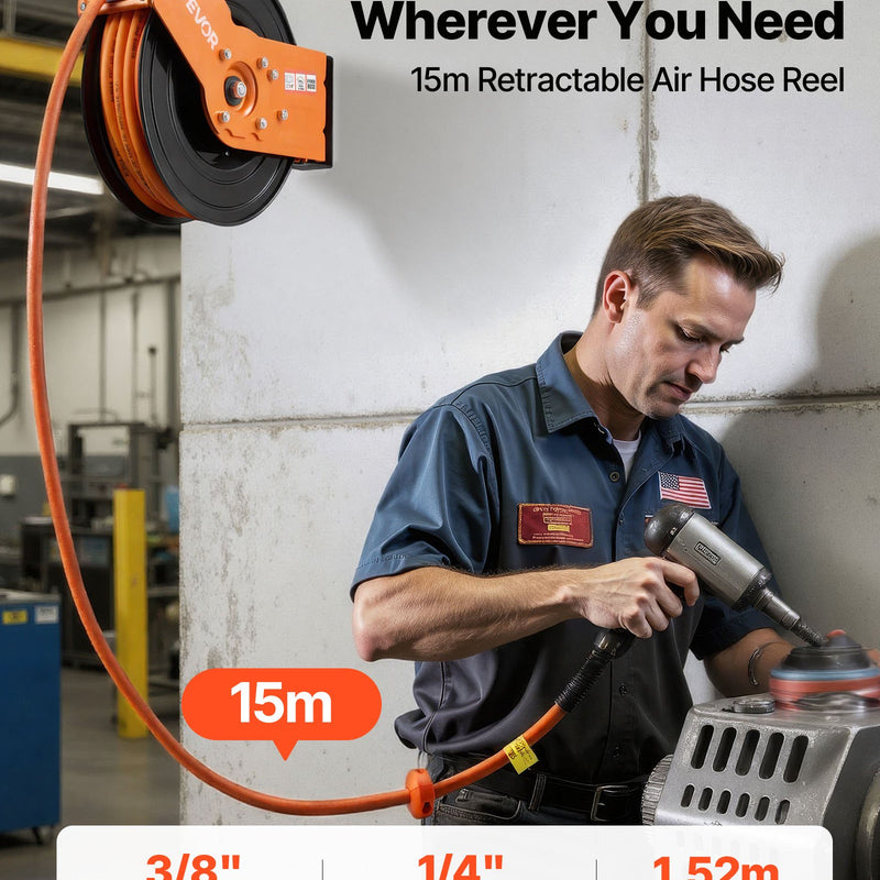 VEVOR Ievelkama gaisa šļūtenes spole 15 m × 9,5 mm, hibrīda gaisa šļūtene, maks. 20,7 bar, automātiska uztīšana, ar 1,52 m padeves šļūteni, 180° grozāms griestu/sienas stiprinājums garāžai un darbnīcai