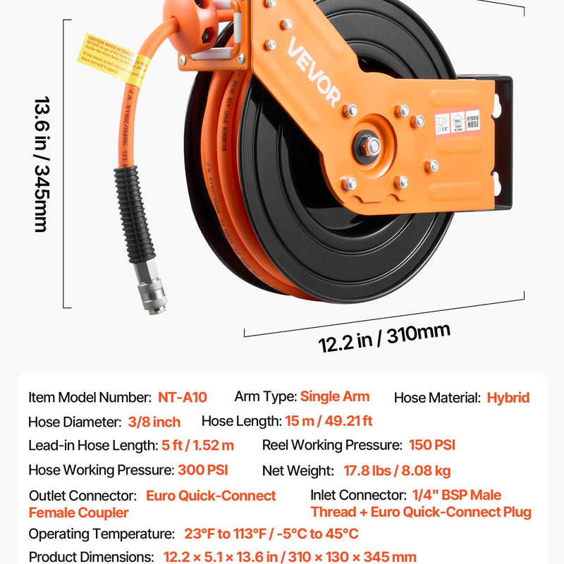 VEVOR Ievelkama gaisa šļūtenes spole 15 m × 9,5 mm, hibrīda gaisa šļūtene, maks. 20,7 bar, automātiska uztīšana, ar 1,52 m padeves šļūteni, 180° grozāms griestu/sienas stiprinājums garāžai un darbnīcai