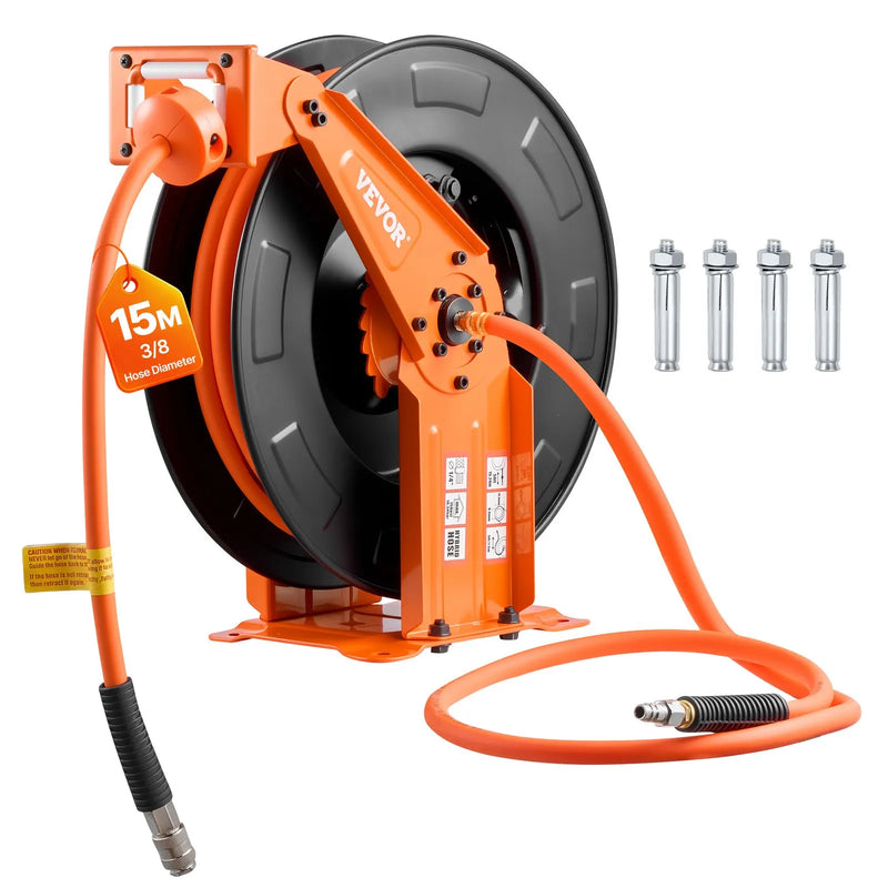 VEVOR automātiski uztinams gaisa šļūtenes rullis, 15 m × 9,5 mm hibrīda gaisa šļūtene, maks. spiediens 20,7 bar, auto-uztīšana gaisa kompresoram, 1,52 m pievades šļūtene, sienas/griestu montāža, pastiprināts tērauda dubultais kronšteins