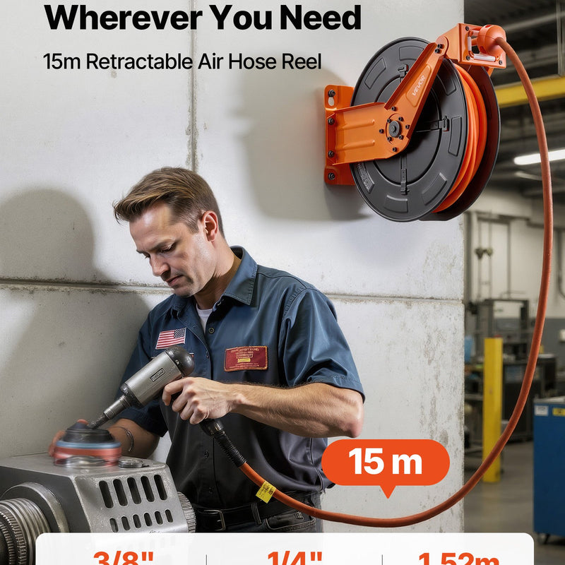 VEVOR automātiski uztinams gaisa šļūtenes rullis, 15 m × 9,5 mm hibrīda gaisa šļūtene, maks. spiediens 20,7 bar, auto-uztīšana gaisa kompresoram, 1,52 m pievades šļūtene, sienas/griestu montāža, pastiprināts tērauda dubultais kronšteins