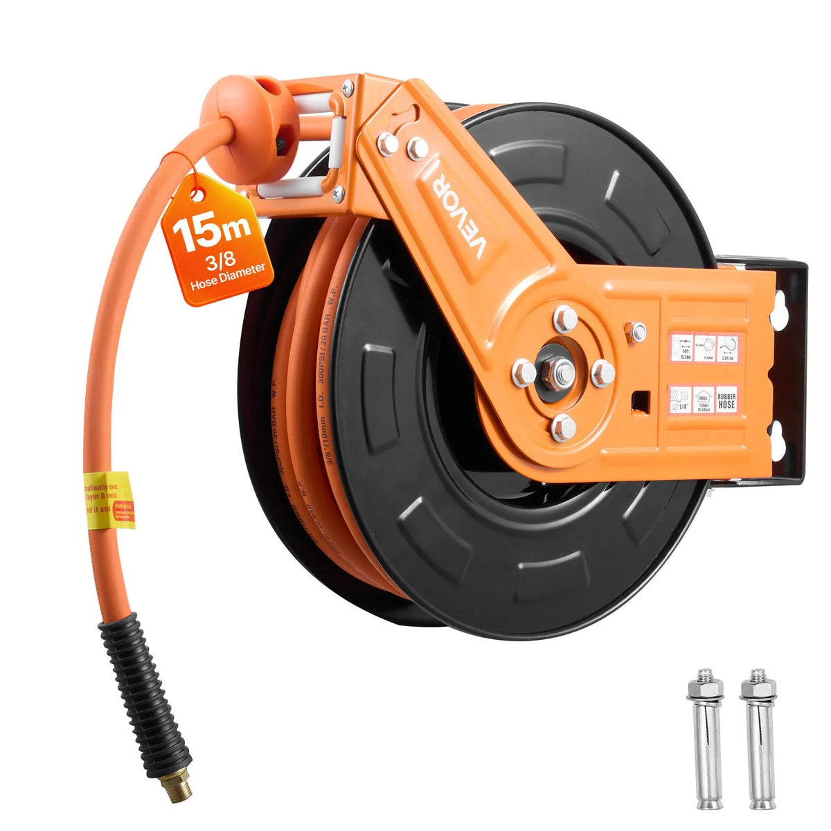 VEVOR Automatic Retractable Air Hose Reel, 15 m × 9.5 mm Rubber Air Hose, Max Pressure 20.7 bar, Auto Rewind Air Compressor Hose Reel with 1 m Supply Hose, 180° Swivel Wall/Ceiling Mount for Garages and Workshops