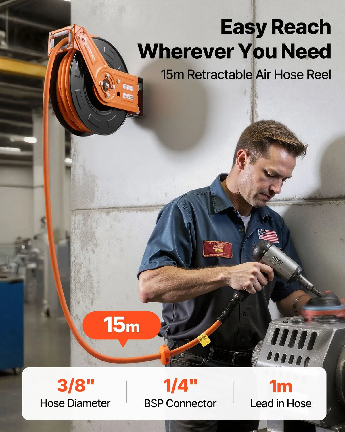 VEVOR Automatic Retractable Air Hose Reel, 15 m × 9.5 mm Rubber Air Hose, Max Pressure 20.7 bar, Auto Rewind Air Compressor Hose Reel with 1 m Supply Hose, 180° Swivel Wall/Ceiling Mount for Garages and Workshops