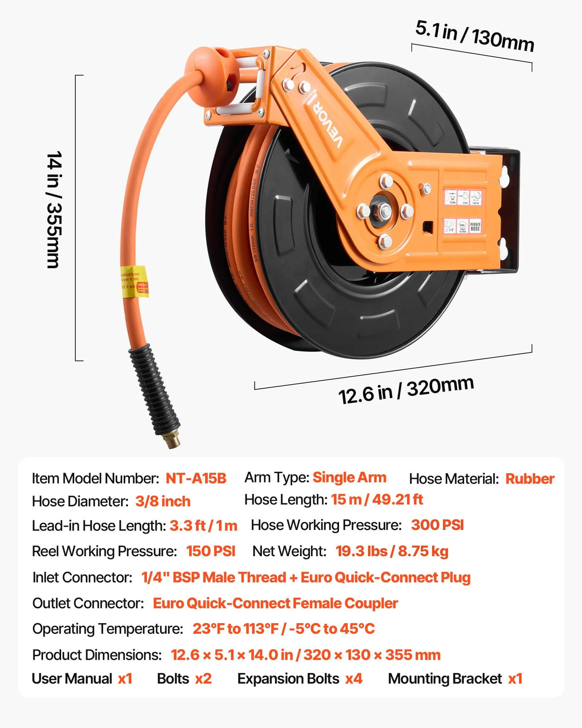 VEVOR Automatic Retractable Air Hose Reel, 15 m × 9.5 mm Rubber Air Hose, Max Pressure 20.7 bar, Auto Rewind Air Compressor Hose Reel with 1 m Supply Hose, 180° Swivel Wall/Ceiling Mount for Garages and Workshops