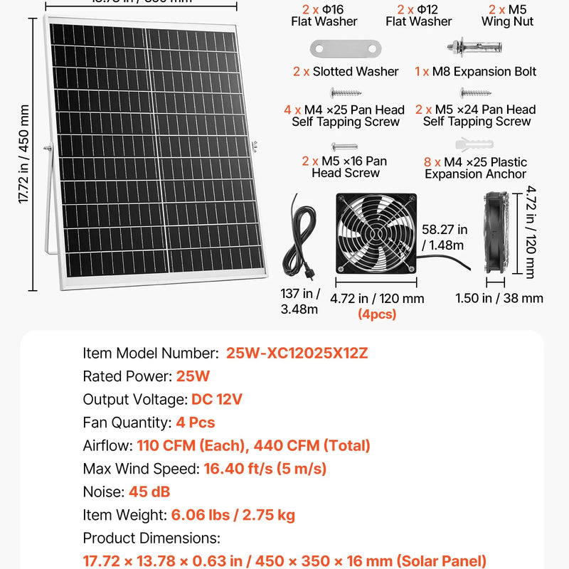 VEVOR saules enerģijas ventilators ar 25 W saules paneli un 4 ventilatoriem, regulējams paneļa leņķis, 2668 apgr./min, elastīga uzstādīšana, ātra gaisa apmaiņa siltumnīcām, audzēšanas teltīm un mājputnu novietnēm - ZEMLETES.LV
