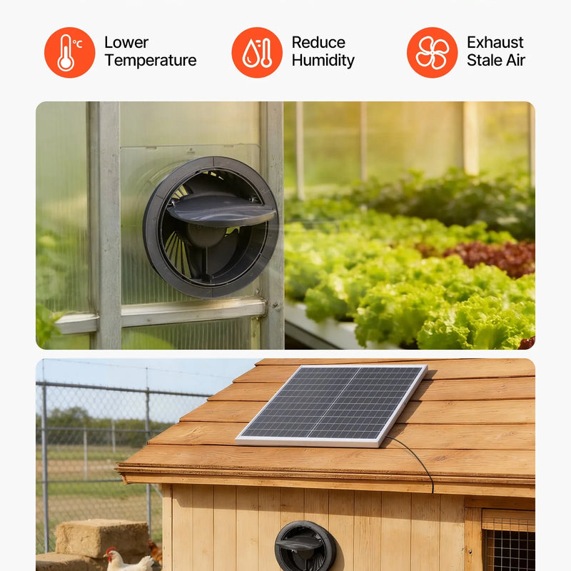 VEVOR saules paneļa ventilators 25 W ar 374 m³/h gaisa plūsmu, regulējams paneļa leņķis, 2030 apgr./min, elastīga uzstādīšana siltumnīcām, audzēšanas teltīm, vistu kūtīm un nojumēm - ZEMLETES.LV