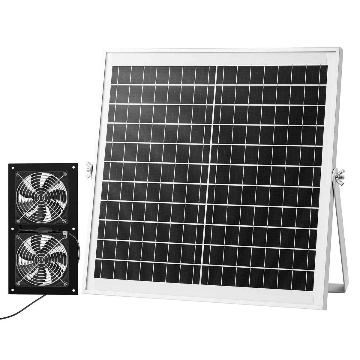 VEVOR saules enerģijas ventilators ar 15 W saules paneli un 2 ventilatoriem, regulējams paneļa leņķis, 2668 apgr./min, elastīga uzstādīšana, ātra gaisa apmaiņa siltumnīcām, audzēšanas teltīm un mājputnu novietnēm - ZEMLETES.LV