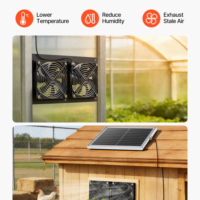 VEVOR saules enerģijas ventilators ar 15 W saules paneli un 2 ventilatoriem, regulējams paneļa leņķis, 2668 apgr./min, elastīga uzstādīšana, ātra gaisa apmaiņa siltumnīcām, audzēšanas teltīm un mājputnu novietnēm - ZEMLETES.LV