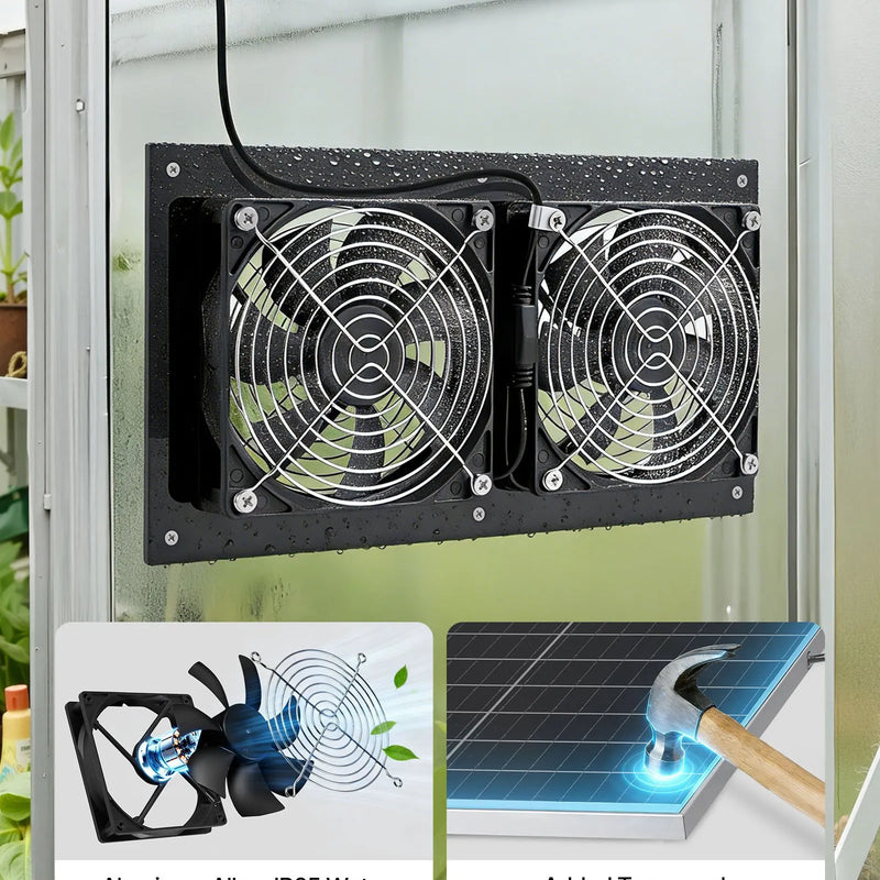 VEVOR saules enerģijas ventilators ar 15 W saules paneli un 2 ventilatoriem, regulējams paneļa leņķis, 2668 apgr./min, elastīga uzstādīšana, ātra gaisa apmaiņa siltumnīcām, audzēšanas teltīm un mājputnu novietnēm - ZEMLETES.LV