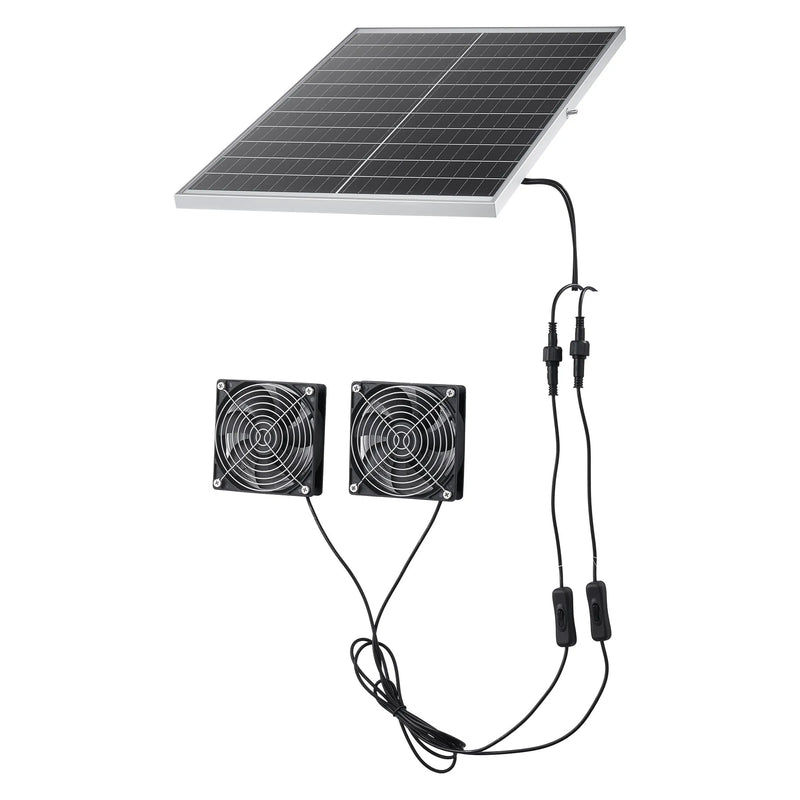 VEVOR saules paneļa ventilatoru komplekts 30 W ar 2 ventilatoriem, regulējams paneļa leņķis, 2668 apgr./min, elastīga uzstādīšana siltumnīcām, audzēšanas teltīm, vistu kūtīm un nojumēm - ZEMLETES.LV