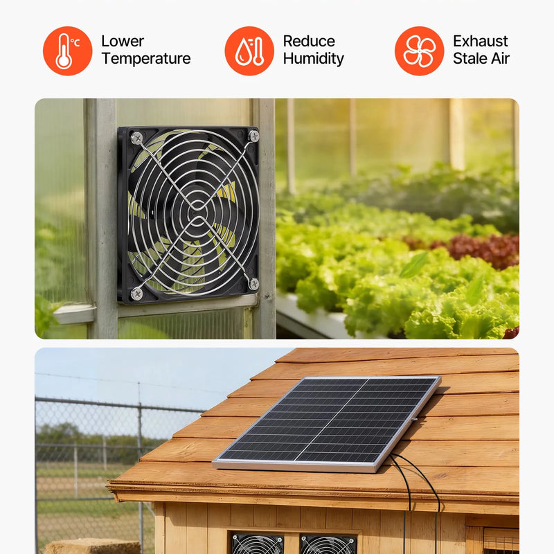 VEVOR saules paneļa ventilatoru komplekts 30 W ar 2 ventilatoriem, regulējams paneļa leņķis, 2668 apgr./min, elastīga uzstādīšana siltumnīcām, audzēšanas teltīm, vistu kūtīm un nojumēm - ZEMLETES.LV