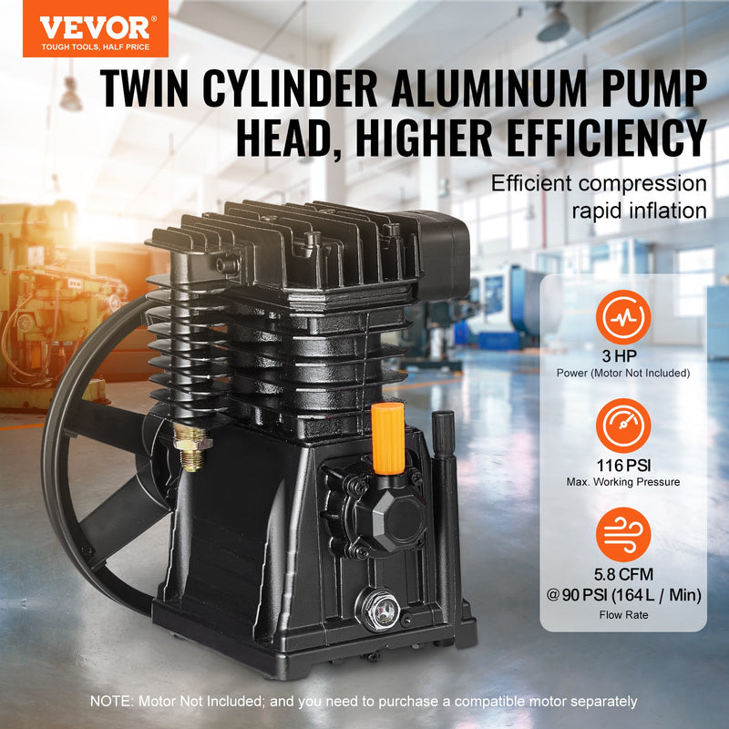 VEVOR gaisa kompresora sūkņa galva 3 HP, 5,8 CFM @ 90 PSI, divcilindru virzuļu tips