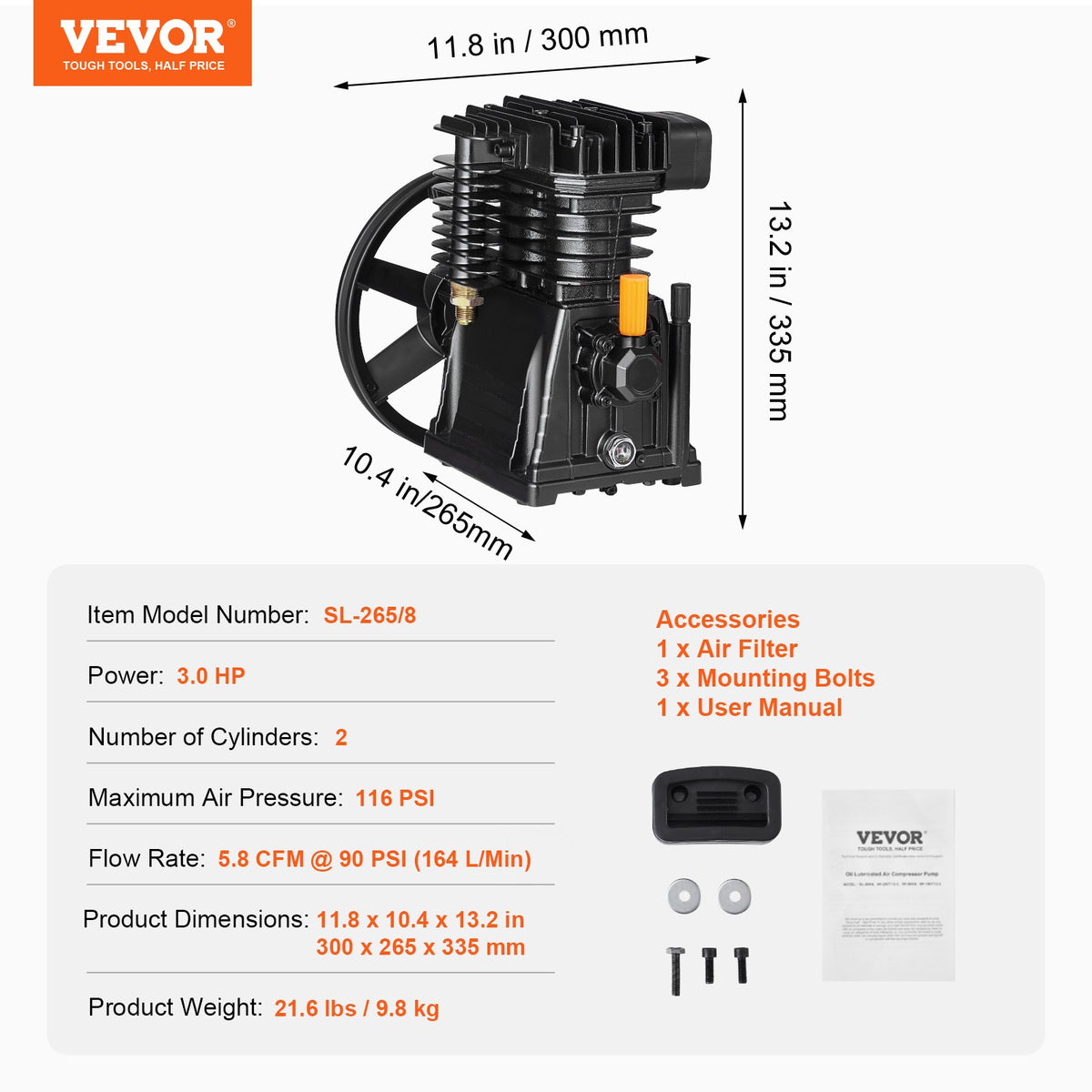 VEVOR Air Compressor Pump Head 3 HP, 5.8 CFM @ 90 PSI, Twin Cylinder Piston Type