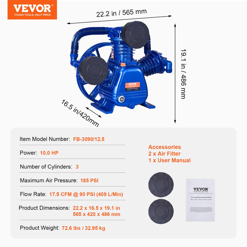 VEVOR gaisa kompresora sūkņa galva 10 HP, 17,5 CFM @ 6,2 bar, 3 cilindru virzuļa sūkņa galva
