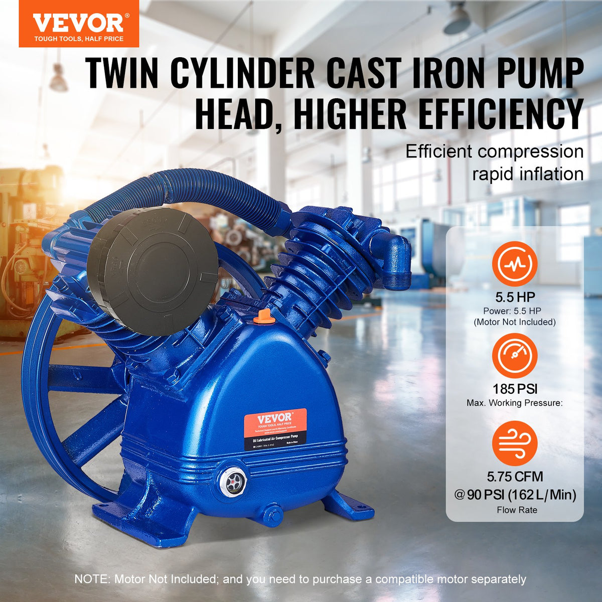 VEVOR Air Compressor Pump Head 5.5 HP, 5.75 CFM @ 90 PSI, 2 Cylinder Piston Pump