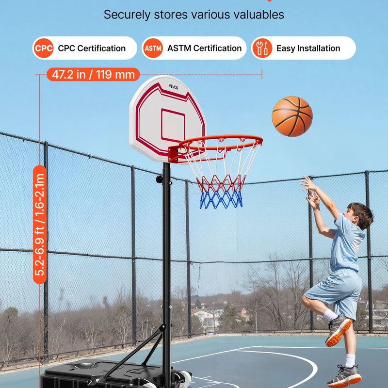 VEVOR pārnēsājams basketbola statīvs ar regulējamu augstumu 1,6–2,1 m, bērnu basketbola grozs ar neilona tīklu un riteņiem, pārnēsājams vairoga komplekts terasēm un baseina zonai - ZEMLETES.LV