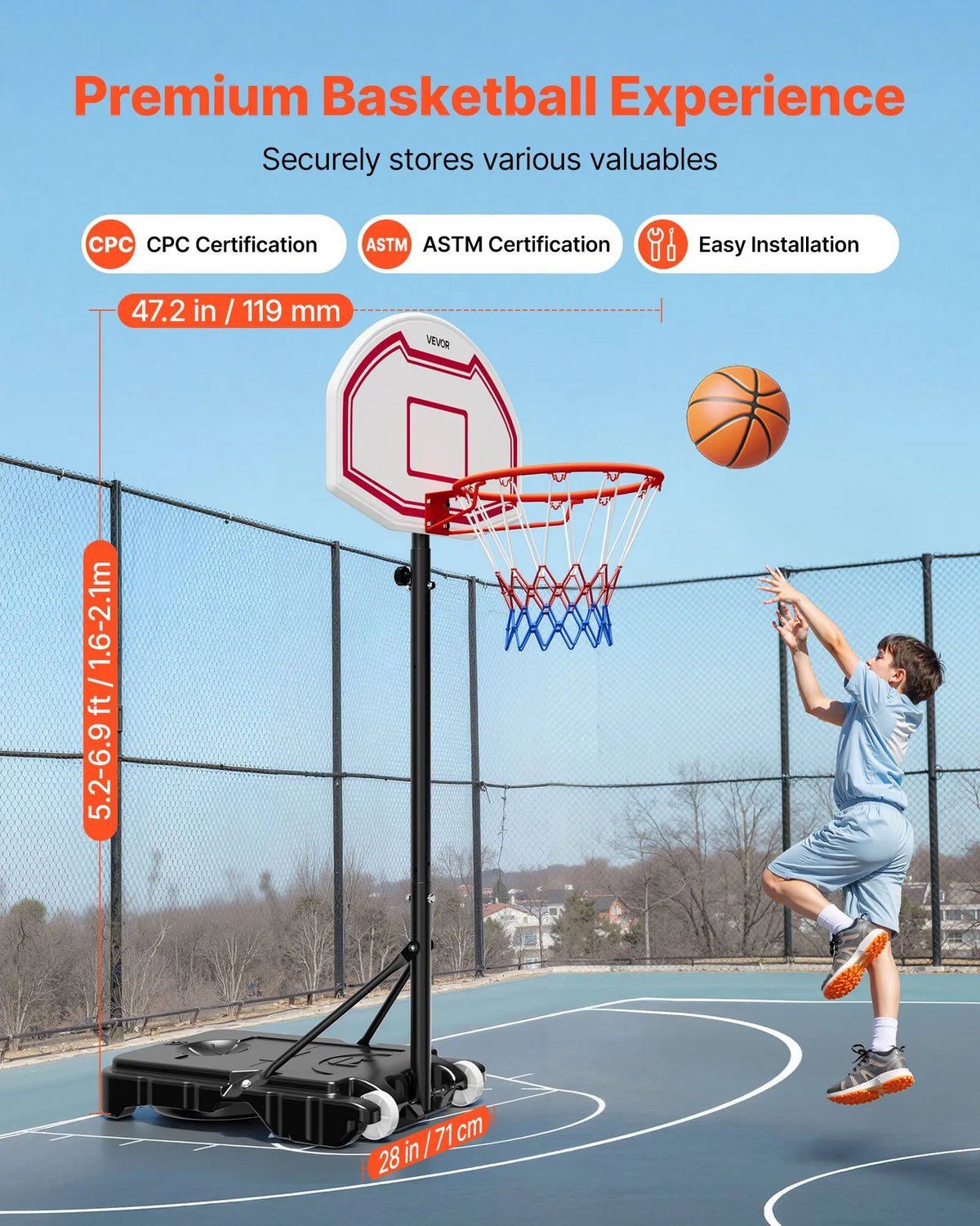 VEVOR pārnēsājams basketbola statīvs ar regulējamu augstumu 1,6–2,1 m, bērnu basketbola grozs ar neilona tīklu un riteņiem, pārnēsājams vairoga komplekts terasēm un baseina zonai - ZEMLETES.LV