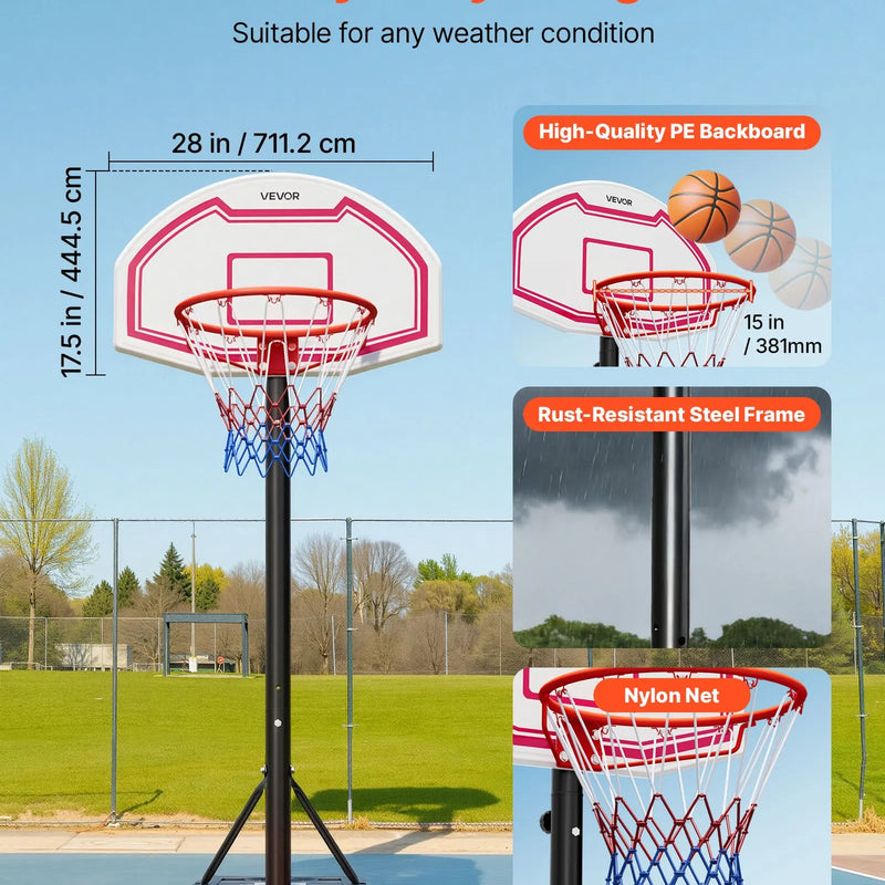 VEVOR pārnēsājams basketbola statīvs ar regulējamu augstumu 1,6–2,1 m, bērnu basketbola grozs ar neilona tīklu un riteņiem, pārnēsājams vairoga komplekts terasēm un baseina zonai - ZEMLETES.LV