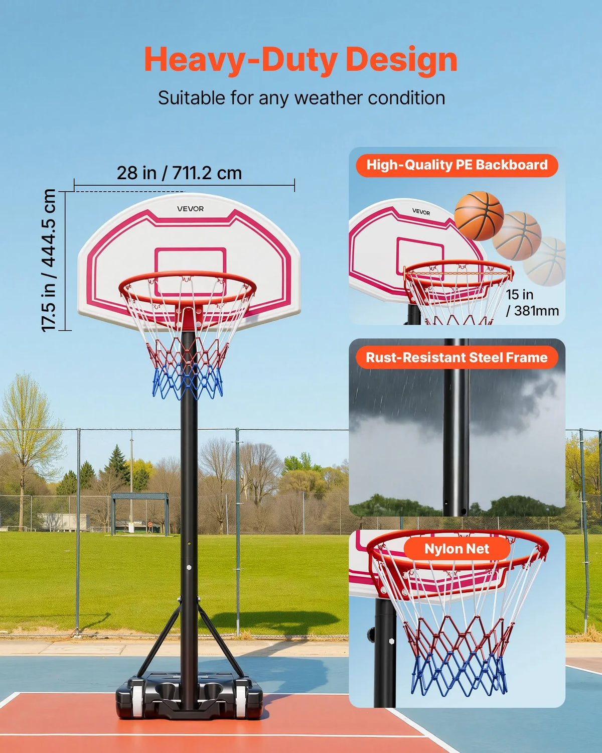 VEVOR pārnēsājams basketbola statīvs ar regulējamu augstumu 1,6–2,1 m, bērnu basketbola grozs ar neilona tīklu un riteņiem, pārnēsājams vairoga komplekts terasēm un baseina zonai - ZEMLETES.LV