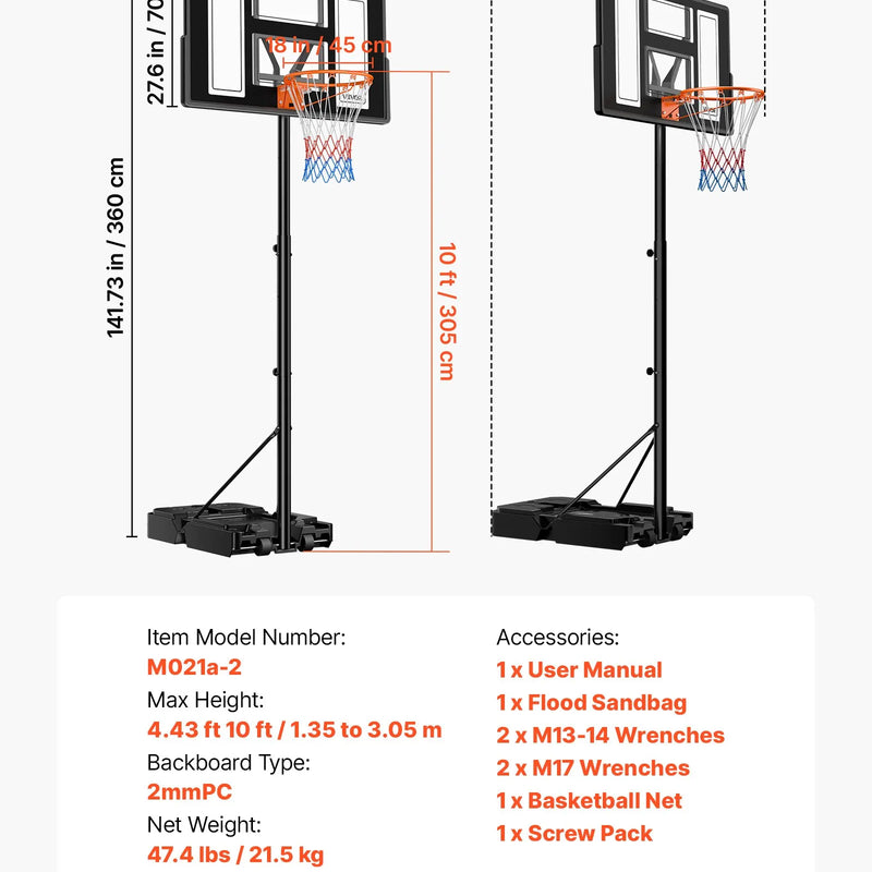 VEVOR pārvietojams basketbola statīvs ar augstuma regulēšanu 1,35–3,05 m, basketbola groza sistēma ar iebūvētiem riteņiem bērniem, pusaudžiem un pieaugušajiem piebraucamajiem ceļiem un baseina zonām - ZEMLETES.LV