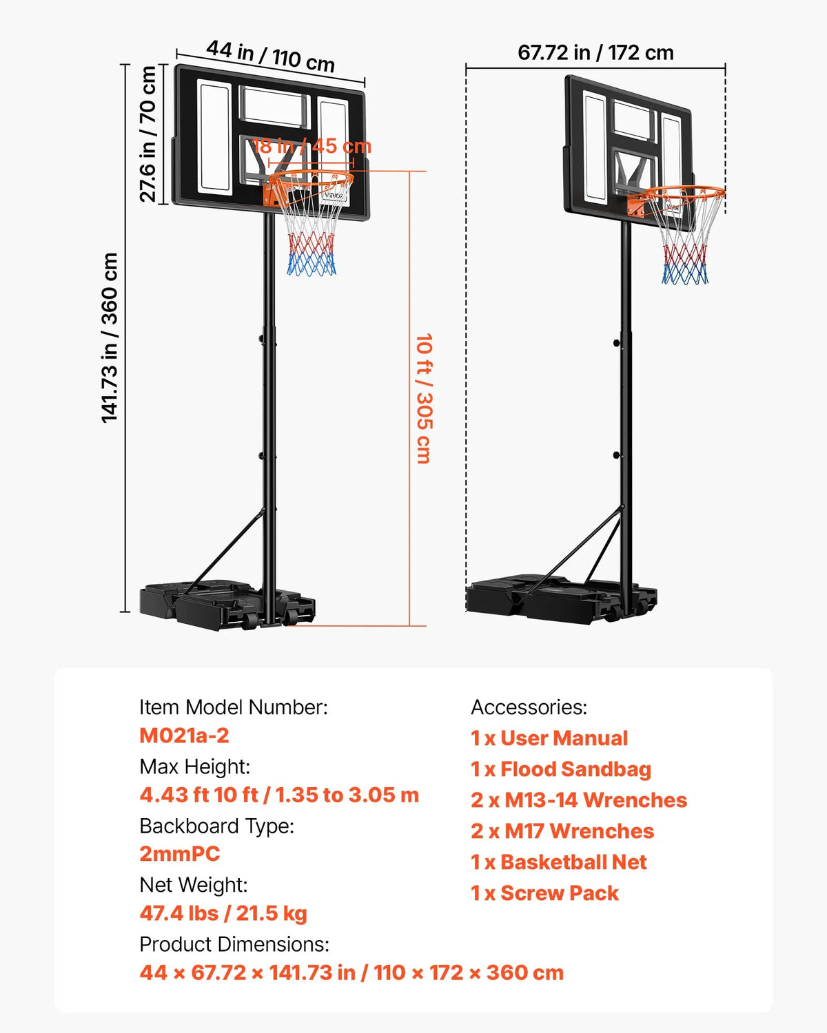 VEVOR pārvietojams basketbola statīvs ar augstuma regulēšanu 1,35–3,05 m, basketbola groza sistēma ar iebūvētiem riteņiem bērniem, pusaudžiem un pieaugušajiem piebraucamajiem ceļiem un baseina zonām - ZEMLETES.LV