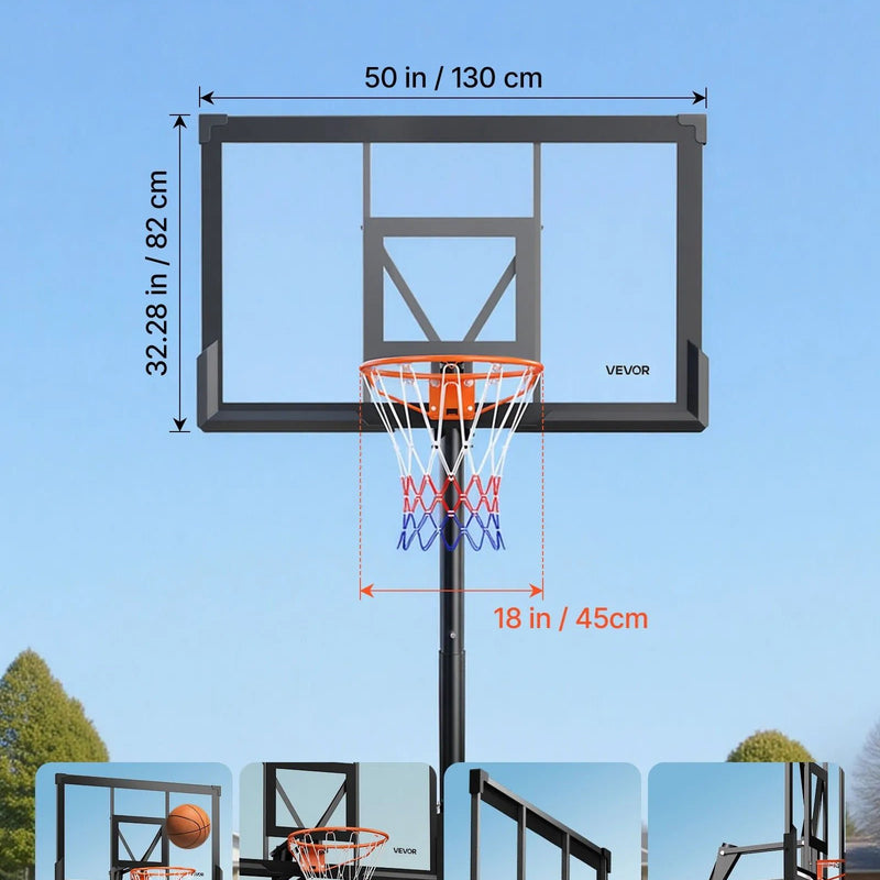 VEVOR pārvietojams basketbola statīvs ar regulējamu augstumu līdz 3,05 m, āra basketbola grozs ar 1270 mm PC vairogu bērniem un pieaugušajiem lietošanai telpās un ārā - ZEMLETES.LV