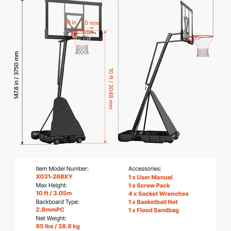 VEVOR pārvietojams basketbola statīvs ar regulējamu augstumu līdz 3,05 m, āra basketbola grozs ar 1270 mm PC vairogu bērniem un pieaugušajiem lietošanai telpās un ārā - ZEMLETES.LV