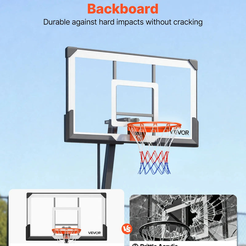 VEVOR pārvietojams basketbola statīvs ar regulējamu augstumu 2,3–3,05 m un grozu, āra basketbola grozs ar 1371,6 mm PC vairogu bērniem un pieaugušajiem, ar uz priekšu noliektu konstrukciju - ZEMLETES.LV