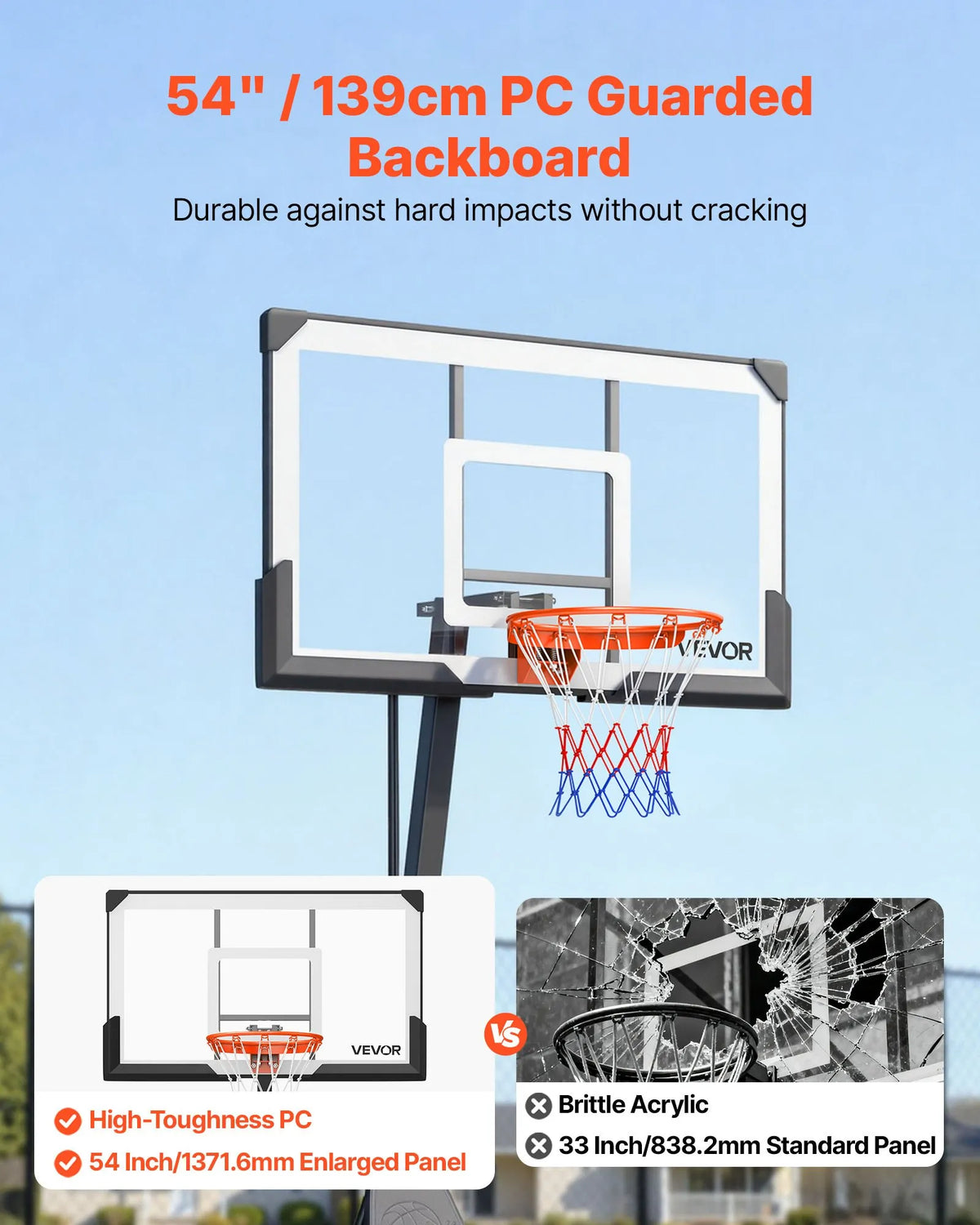 VEVOR pārvietojams basketbola statīvs ar regulējamu augstumu 2,3–3,05 m un grozu, āra basketbola grozs ar 1371,6 mm PC vairogu bērniem un pieaugušajiem, ar uz priekšu noliektu konstrukciju - ZEMLETES.LV