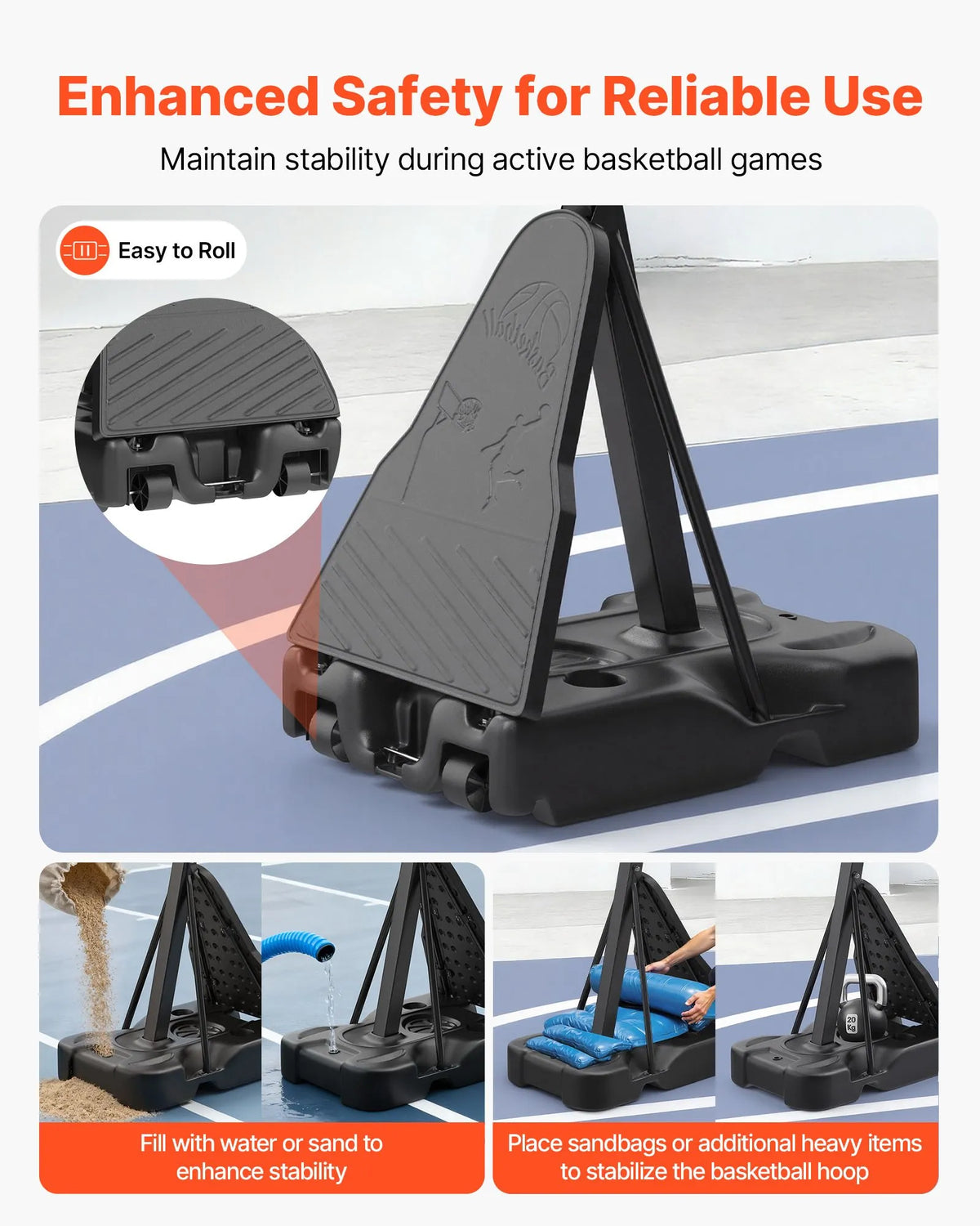 VEVOR pārvietojams basketbola statīvs ar regulējamu augstumu 2,3–3,05 m un grozu, āra basketbola grozs ar 1371,6 mm PC vairogu bērniem un pieaugušajiem, ar uz priekšu noliektu konstrukciju - ZEMLETES.LV