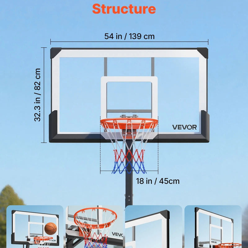 VEVOR pārvietojams basketbola statīvs ar regulējamu augstumu 2,3–3,05 m un grozu, āra basketbola grozs ar 1371,6 mm PC vairogu bērniem un pieaugušajiem, ar uz priekšu noliektu konstrukciju - ZEMLETES.LV