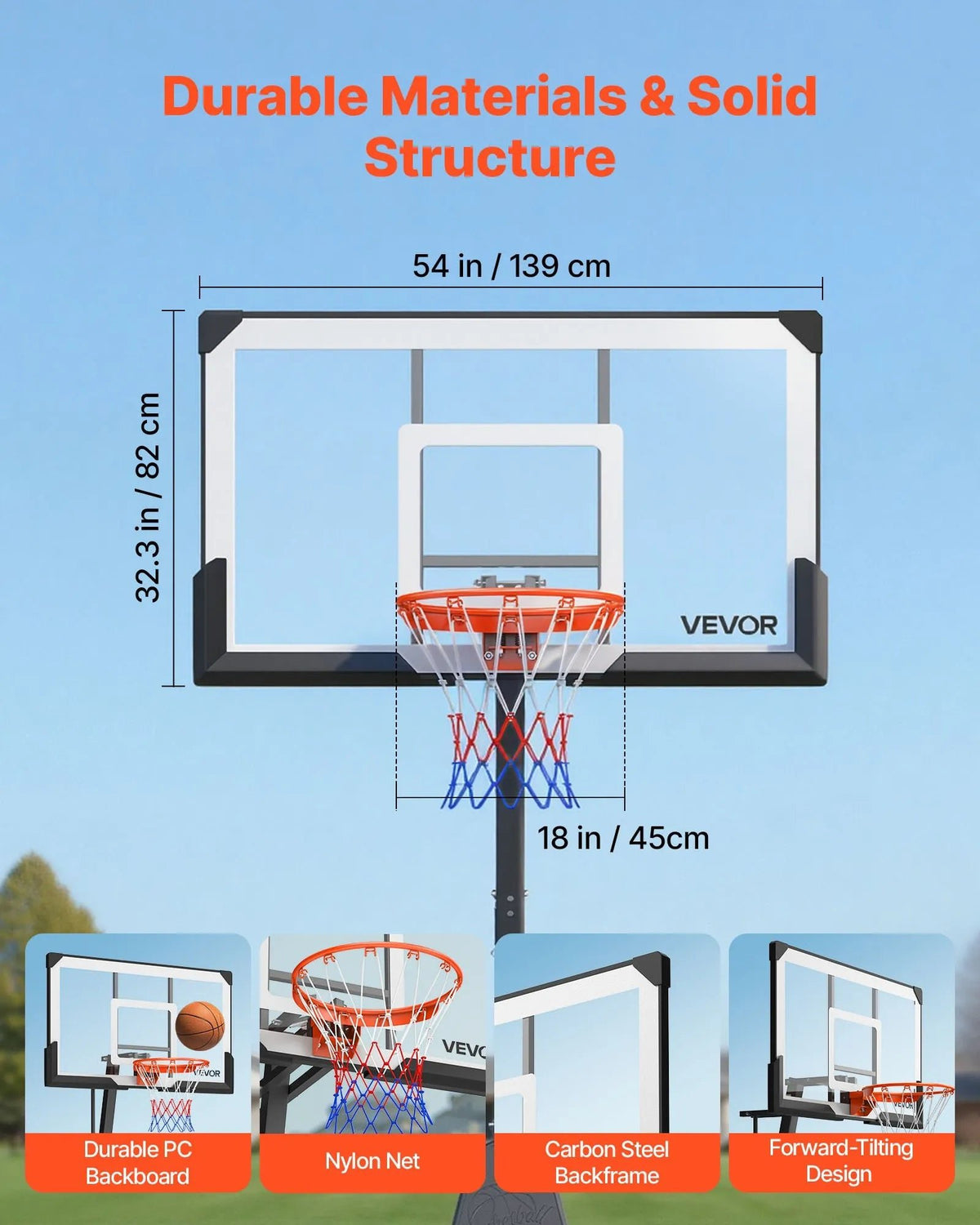 VEVOR pārvietojams basketbola statīvs ar regulējamu augstumu 2,3–3,05 m un grozu, āra basketbola grozs ar 1371,6 mm PC vairogu bērniem un pieaugušajiem, ar uz priekšu noliektu konstrukciju - ZEMLETES.LV