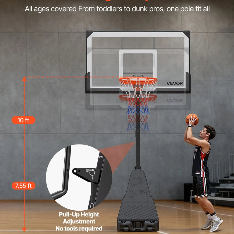 VEVOR pārvietojams basketbola statīvs ar regulējamu augstumu 2,3–3,05 m un grozu, āra basketbola grozs ar 1371,6 mm PC vairogu bērniem un pieaugušajiem, ar uz priekšu noliektu konstrukciju - ZEMLETES.LV