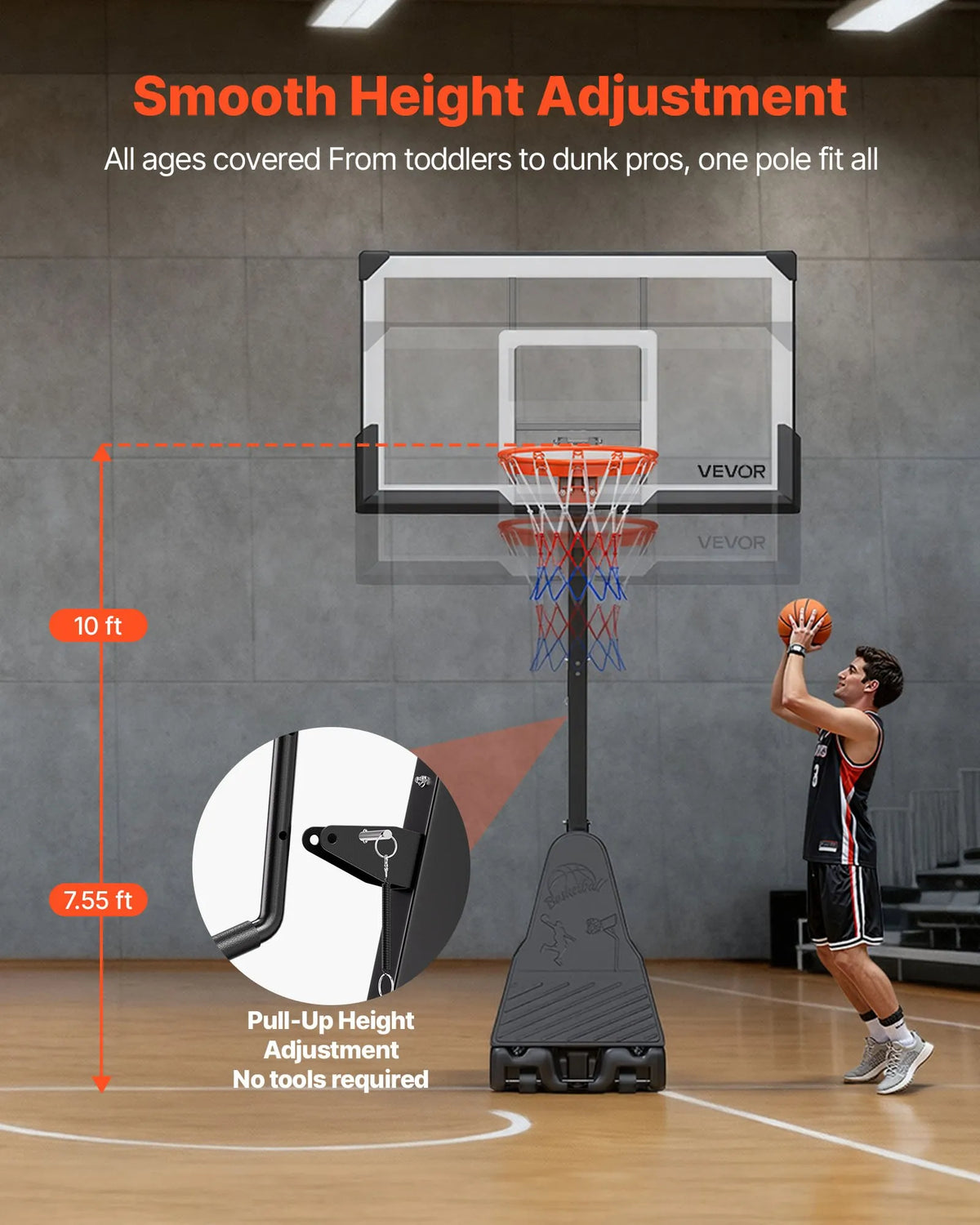 VEVOR pārvietojams basketbola statīvs ar regulējamu augstumu 2,3–3,05 m un grozu, āra basketbola grozs ar 1371,6 mm PC vairogu bērniem un pieaugušajiem, ar uz priekšu noliektu konstrukciju - ZEMLETES.LV