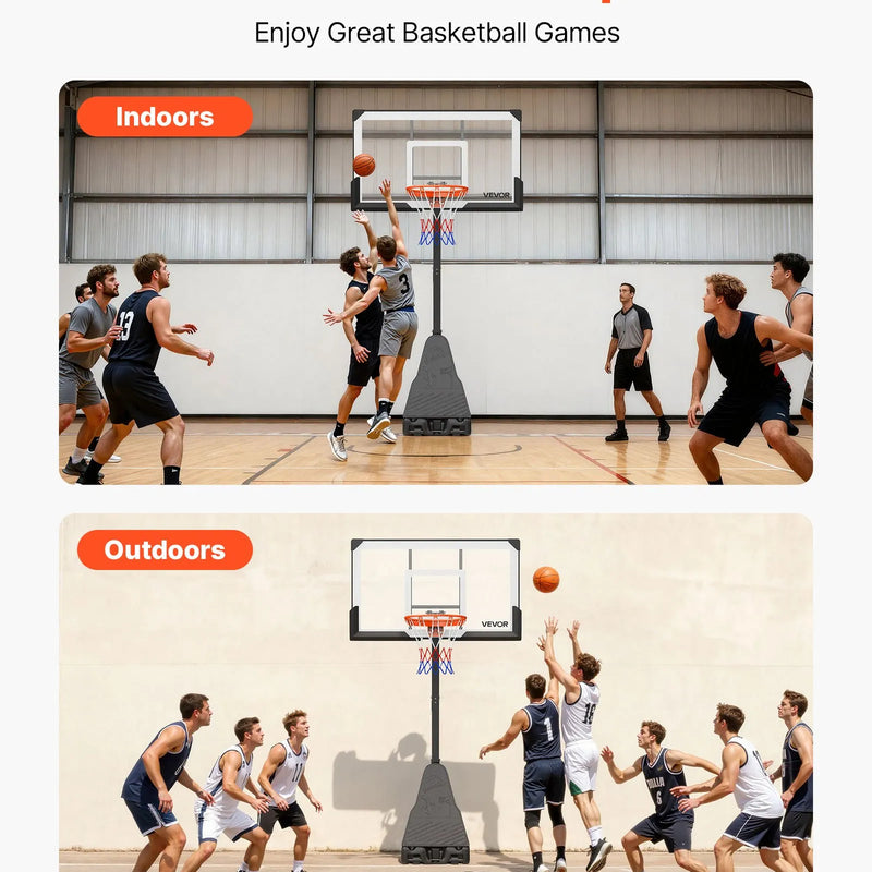 VEVOR pārvietojams basketbola statīvs ar regulējamu augstumu 2,3–3,05 m un grozu, āra basketbola grozs ar 1371,6 mm PC vairogu bērniem un pieaugušajiem, ar uz priekšu noliektu konstrukciju - ZEMLETES.LV