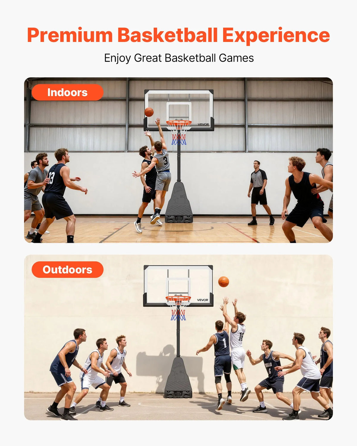 VEVOR pārvietojams basketbola statīvs ar regulējamu augstumu 2,3–3,05 m un grozu, āra basketbola grozs ar 1371,6 mm PC vairogu bērniem un pieaugušajiem, ar uz priekšu noliektu konstrukciju - ZEMLETES.LV