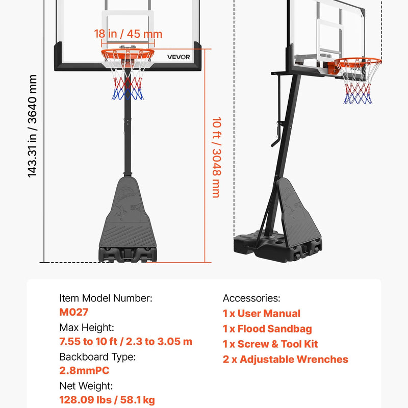 VEVOR pārvietojams basketbola statīvs ar regulējamu augstumu 2,3–3,05 m un grozu, āra basketbola grozs ar 1371,6 mm PC vairogu bērniem un pieaugušajiem, ar uz priekšu noliektu konstrukciju - ZEMLETES.LV