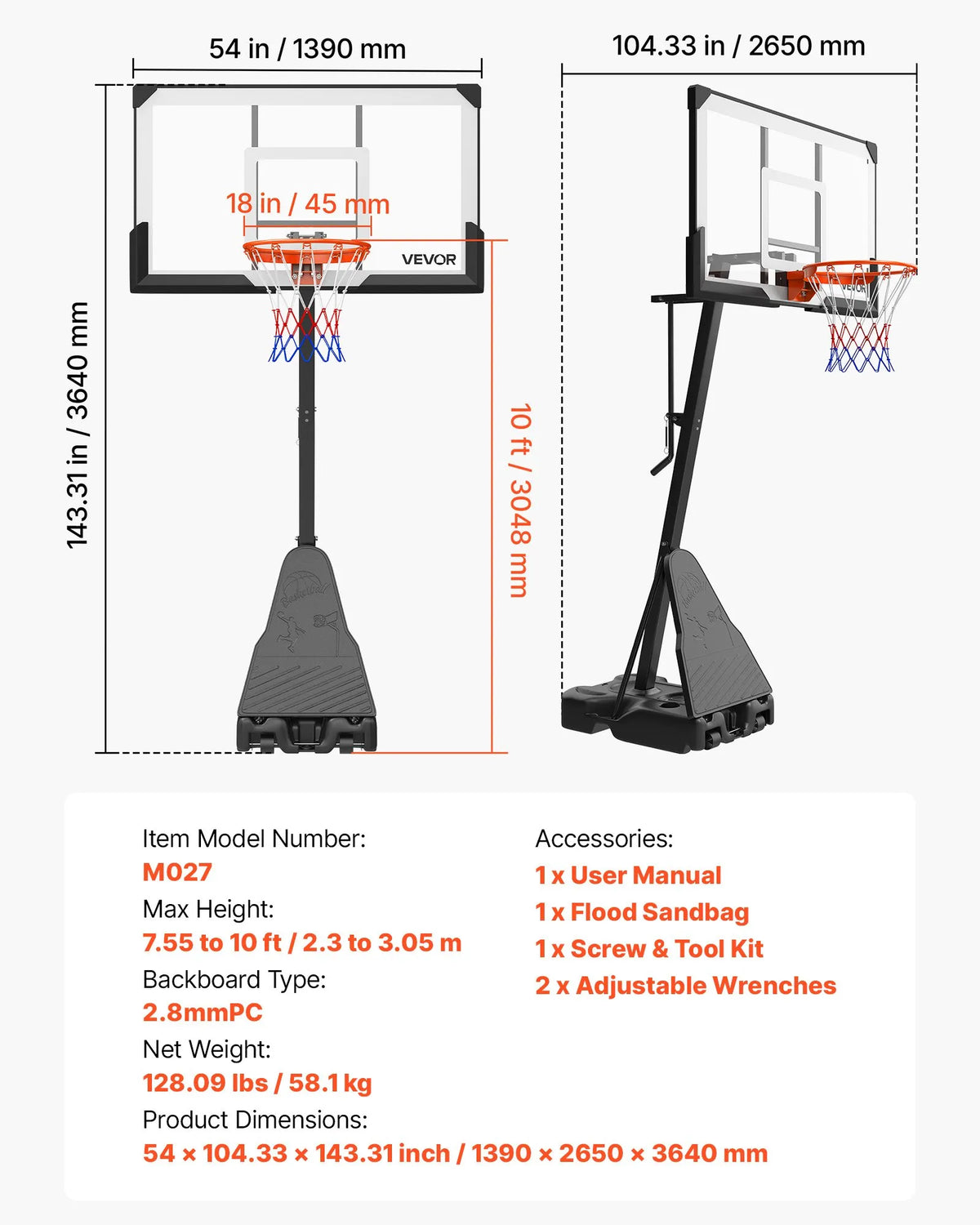 VEVOR pārvietojams basketbola statīvs ar regulējamu augstumu 2,3–3,05 m un grozu, āra basketbola grozs ar 1371,6 mm PC vairogu bērniem un pieaugušajiem, ar uz priekšu noliektu konstrukciju - ZEMLETES.LV