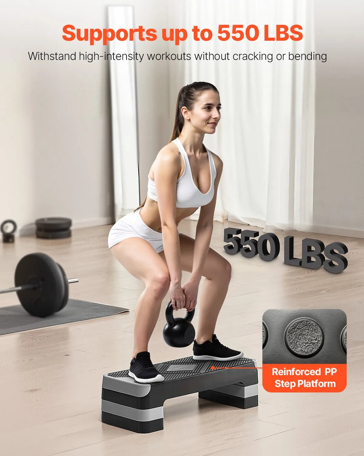 VEVOR regulējama aerobikas step platforma 71 cm ar 4 augstumiem, neslīdoša, pelēka