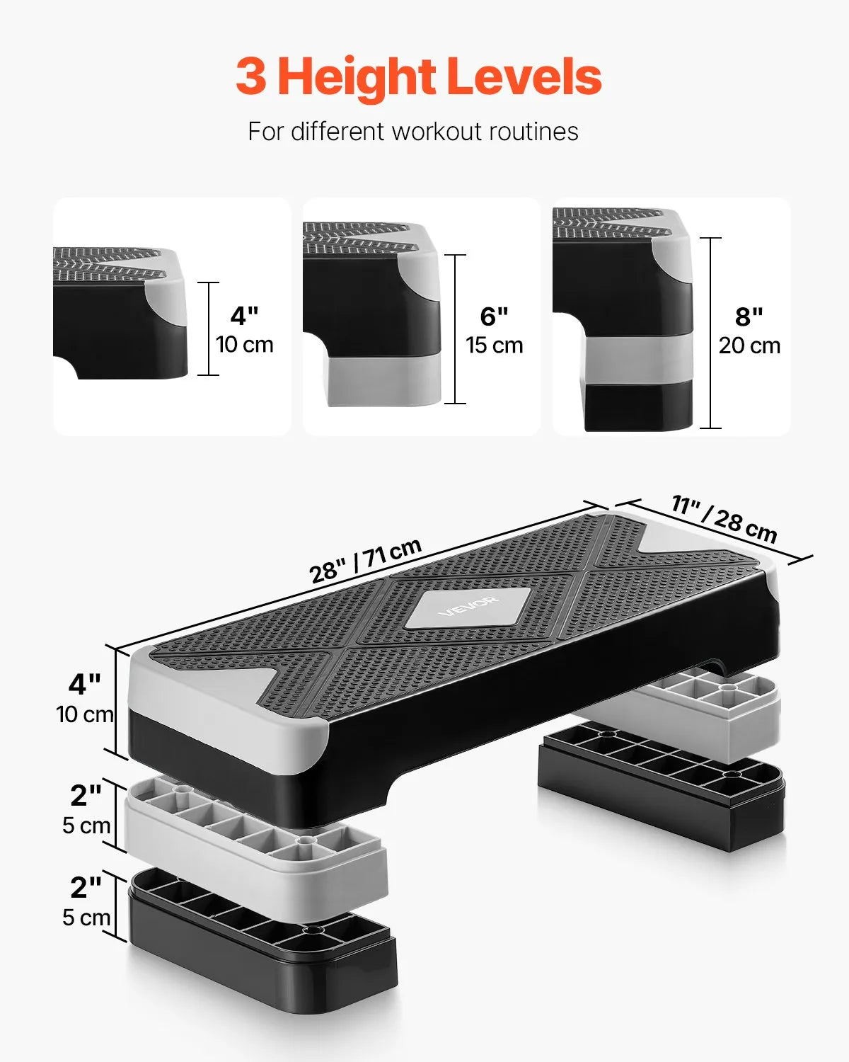 VEVOR regulējama aerobikas step platforma 71 cm ar 4 augstumiem, neslīdoša, pelēka