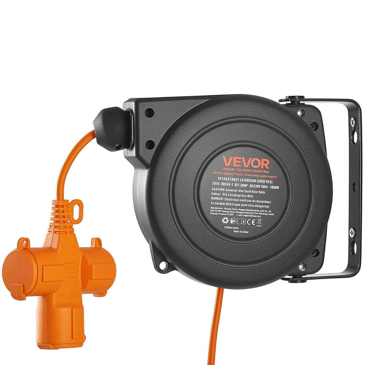 VEVOR Automatic Retractable Extension Reel 10 m, 3 Sockets, Overheat Protection, 180° Mounting, Orange