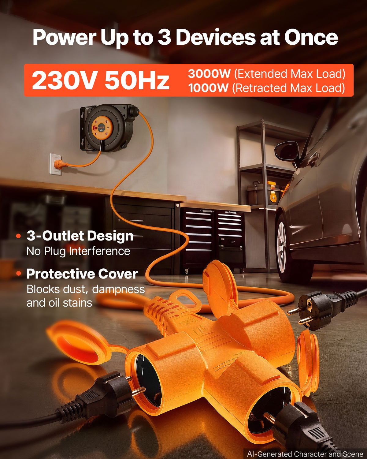 VEVOR Automatic Retractable Extension Reel 10 m, 3 Sockets, Overheat Protection, 180° Mounting, Orange
