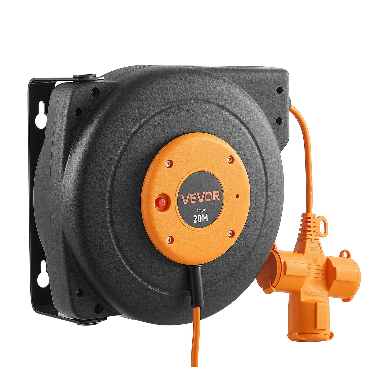 VEVOR Automatic Retractable Extension Reel 20 m, 3 Sockets, Overheat Protection, 180° Mounting, Orange