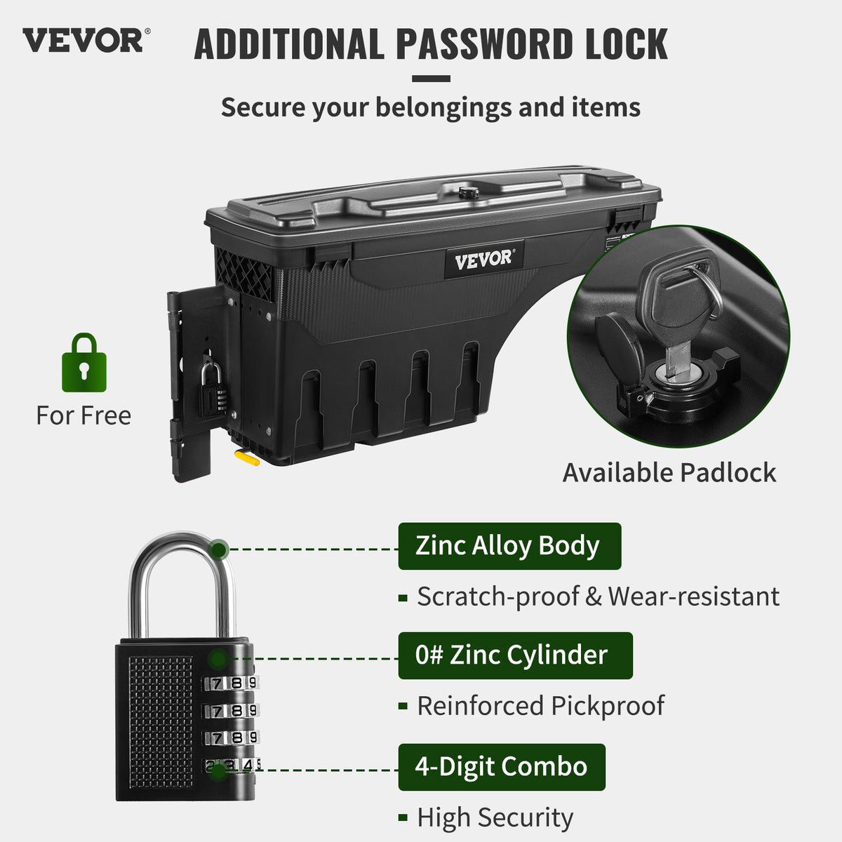 VEVOR Truck Bed Storage Box, Lockable, Waterproof ABS Wheel Well Tool Box, 20 L, with Combination Padlock, Fits Toyota Tundra 2007–2021, Driver Side, Black