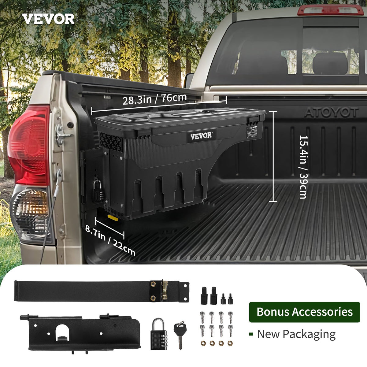 VEVOR Truck Bed Storage Box, Lockable, Waterproof ABS Wheel Well Tool Box, 20 L, with Combination Padlock, Fits Toyota Tundra 2007–2021, Driver Side, Black