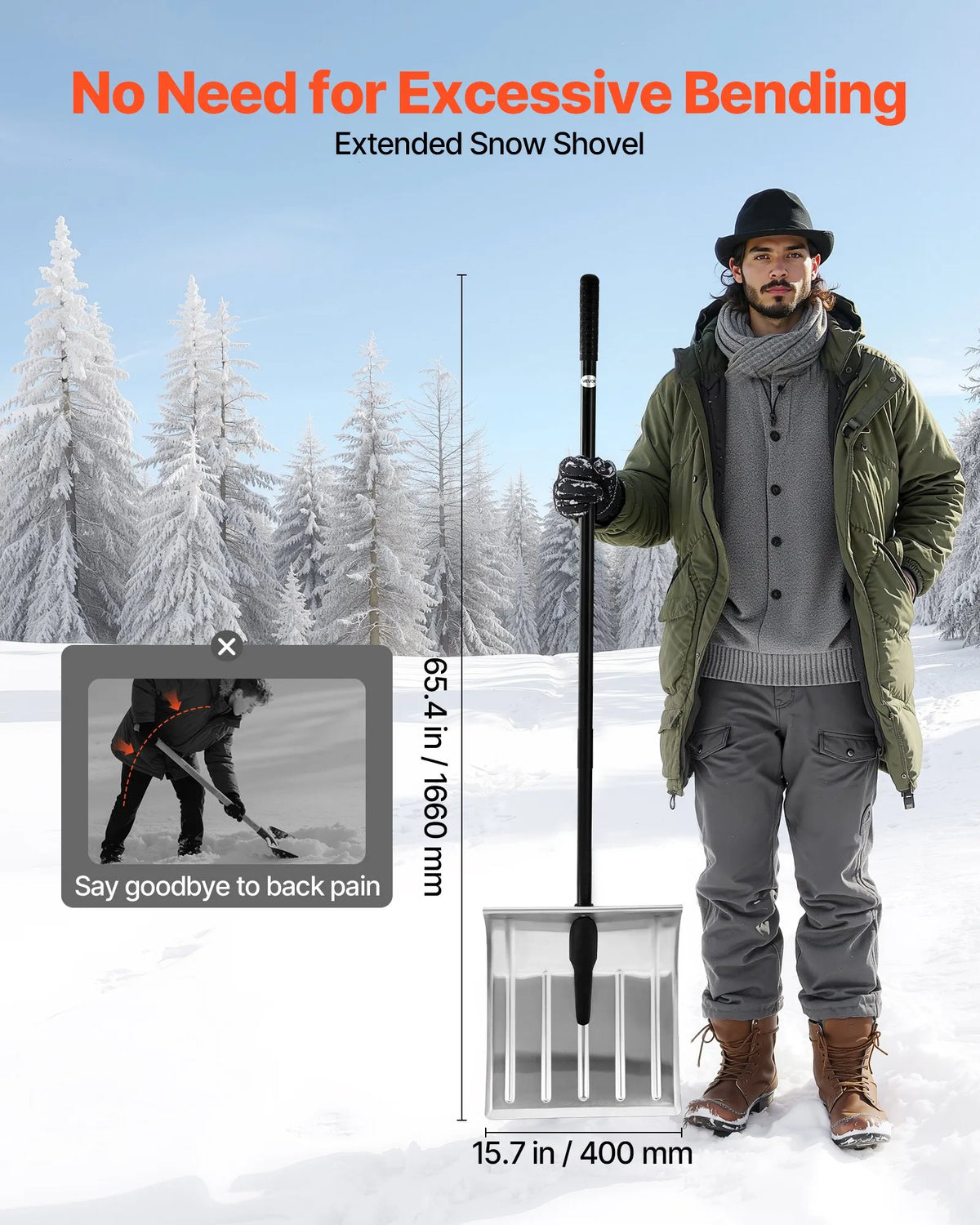 VEVOR Snow Shovel for Pathways, 40 cm Wide Aluminium Shovel with Non-Slip Handle, Large Capacity Lightweight Foldable Snow Clearing Tool for Garden, Car and Outdoor Work