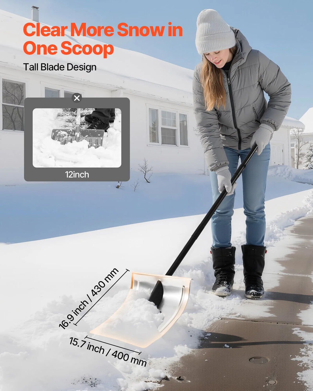 VEVOR Snow Shovel for Pathways, 40 cm Wide Aluminium Shovel with Non-Slip Handle, Large Capacity Lightweight Foldable Snow Clearing Tool for Garden, Car and Outdoor Work