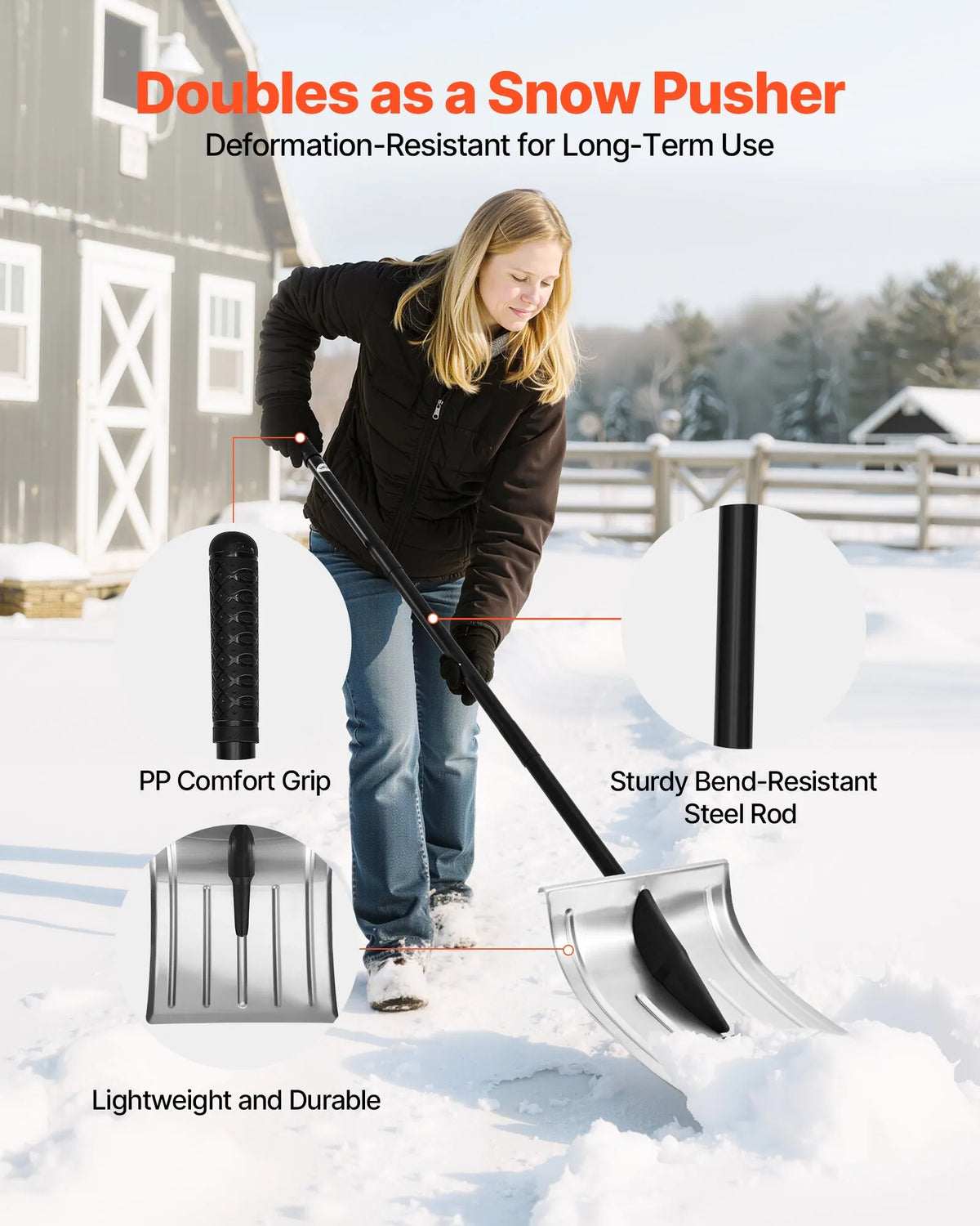VEVOR Snow Shovel for Pathways, 40 cm Wide Aluminium Shovel with Non-Slip Handle, Large Capacity Lightweight Foldable Snow Clearing Tool for Garden, Car and Outdoor Work