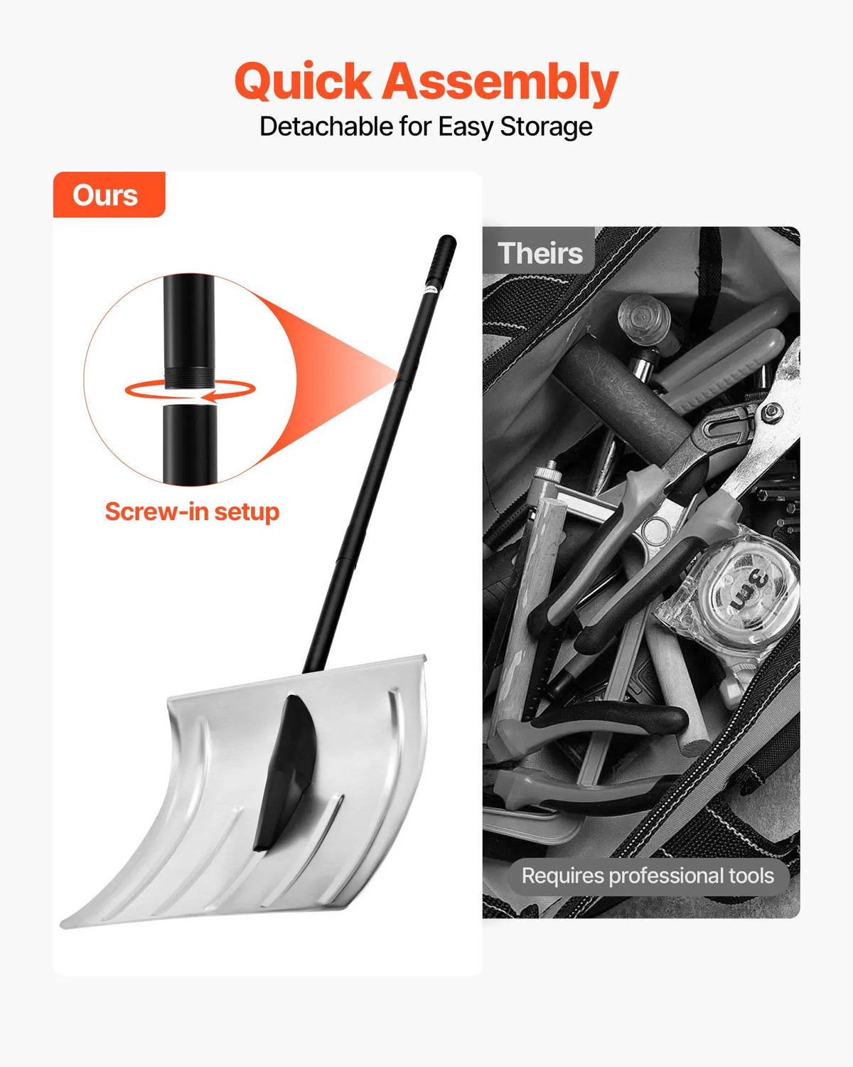 VEVOR Snow Shovel for Pathways, 40 cm Wide Aluminium Shovel with Non-Slip Handle, Large Capacity Lightweight Foldable Snow Clearing Tool for Garden, Car and Outdoor Work